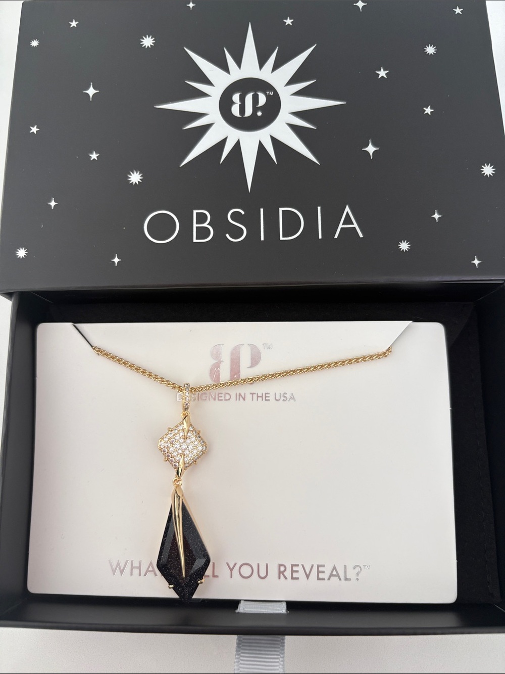 Obsidia Gold Necklace with Black Pendant and Crystal Accent